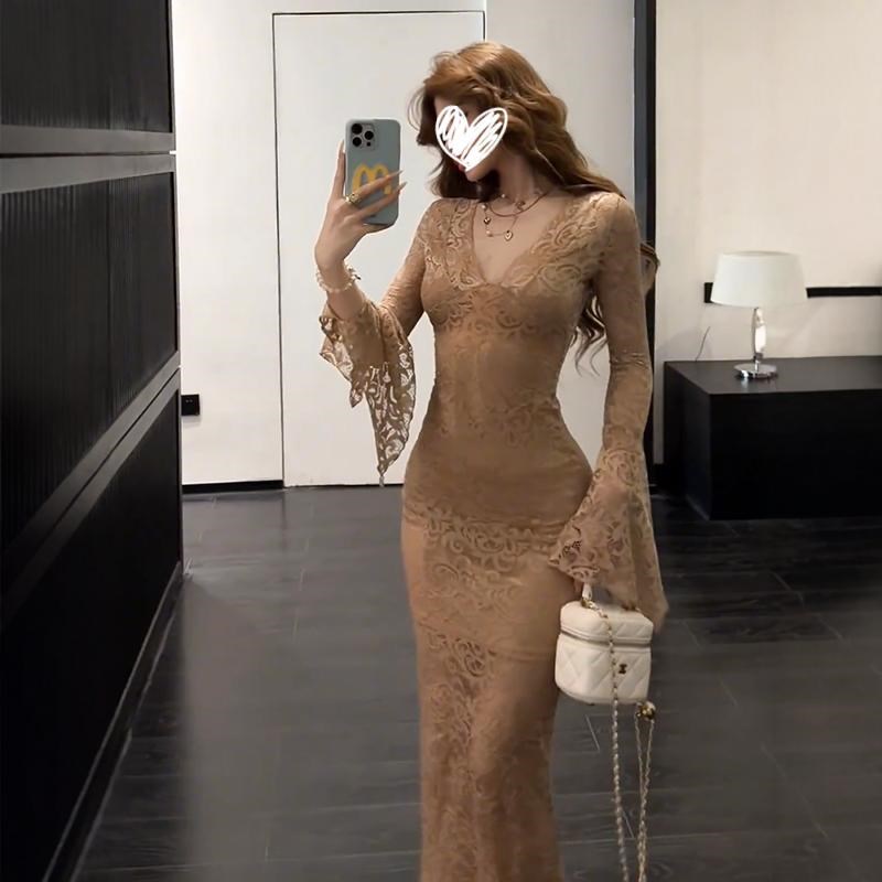 速发00斤胖连大码纯欲辣妹气质领Vm衣裙镂空性感长袖蕾丝包臀长裙