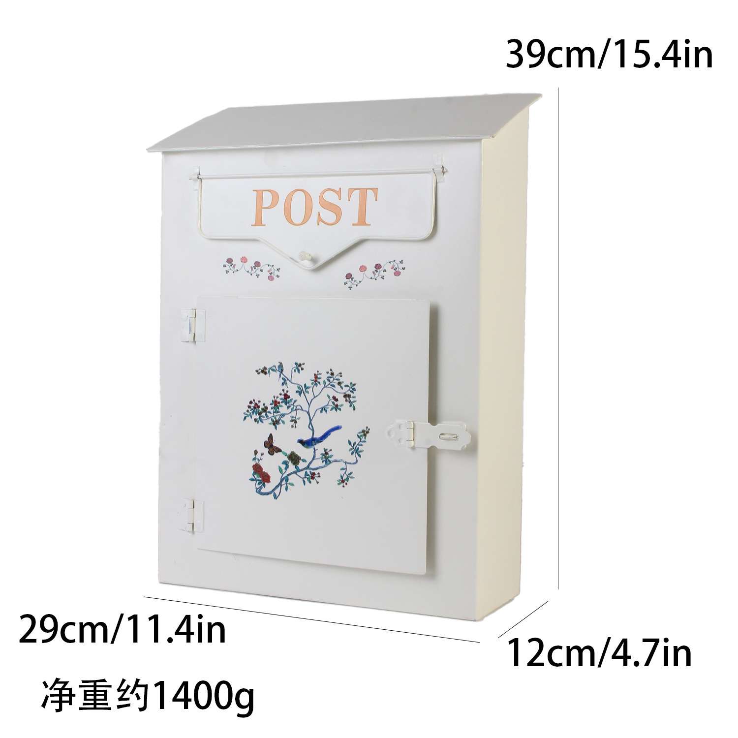 田园风格金属邮箱带鸟图案 - 墙挂式，垂直设计适用于花园装饰