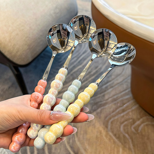 四色珍珠不锈钢仿陶瓷手柄勺子