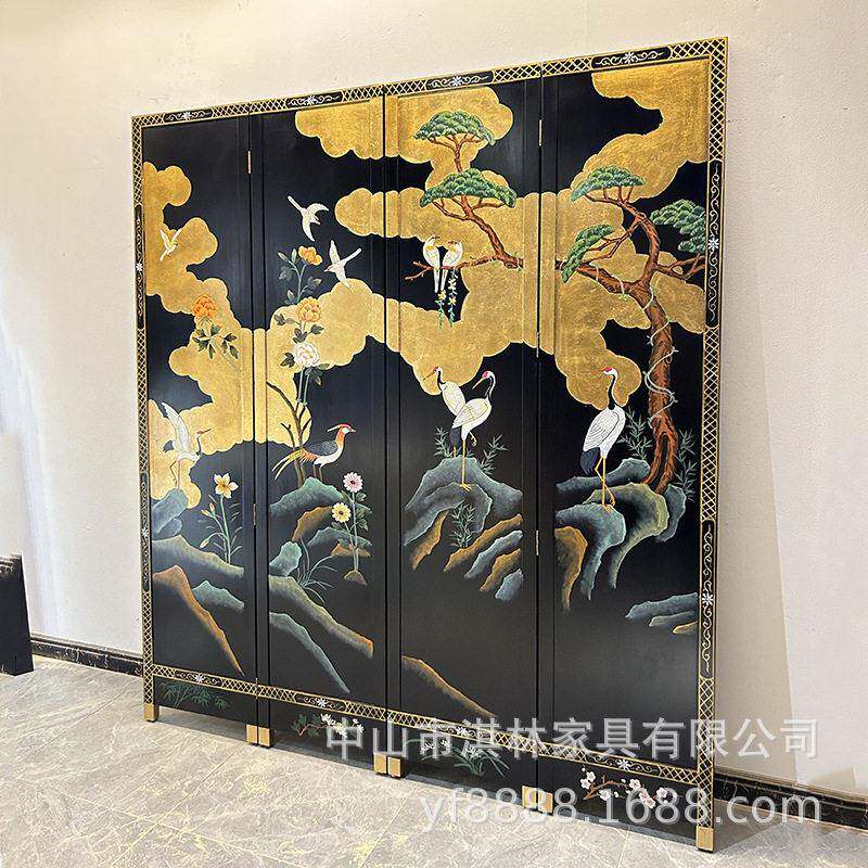 金箔屏风手绘漆画中客厅房隔断移摄动折叠书屏风影道8868具屏式风