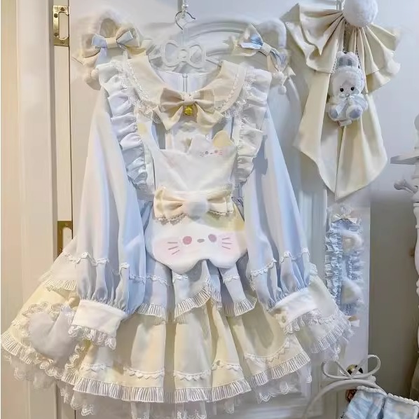 甜茶少女长袖Lolita洛丽塔蕾丝蓬蓬连衣裙蝴蝶结小猫围裙甜美少女