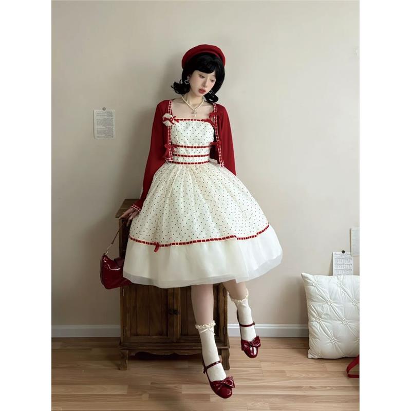复古甜心 酒红色开衫+吊带波点蓬蓬洛丽塔连衣裙2025新款Lolita裙