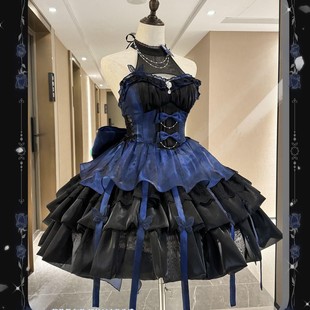 原创lolita公主风洛丽塔特纯欲风黑蓝挂脖吊带连衣裙短裙女蓬蓬裙
