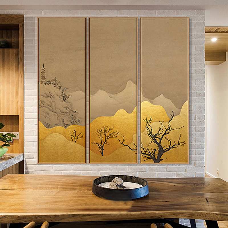 新中式轻奢金色山水挂画玄关会客室组合装饰画卧室样板间展厅壁画