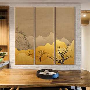 新中式轻奢金色山水挂画玄关会客室组合装饰画卧室样板间展厅壁画
