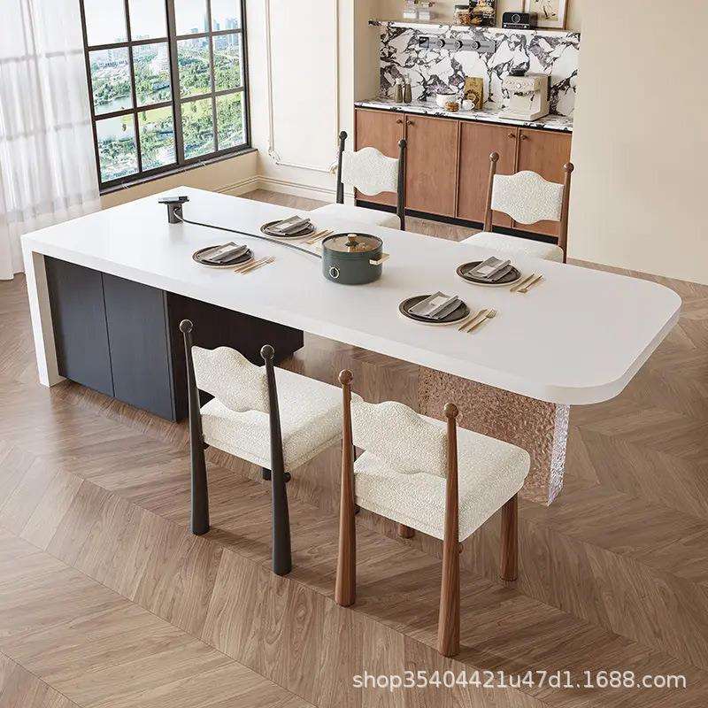 实木齐平款木纹岩板一体水槽岛台餐桌极简茶台厨房餐厅中岛台大气