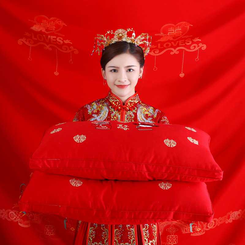 结婚庆枕芯全棉枕芯刺绣款羽丝绒立体纯棉双人枕头大红色情侣枕芯