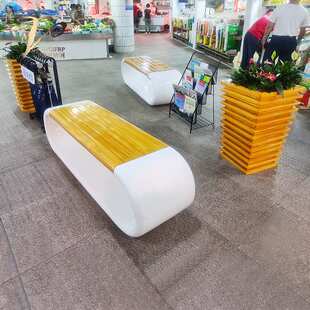 玻璃钢仿木纹环形座椅方形重叠花盆电影院座椅商场美陈公园休息椅