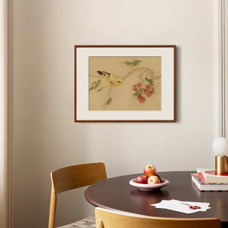 新中式玄关斗柜摆画花鸟荔枝原木风餐厅墙画石榴葡萄中古风装饰画