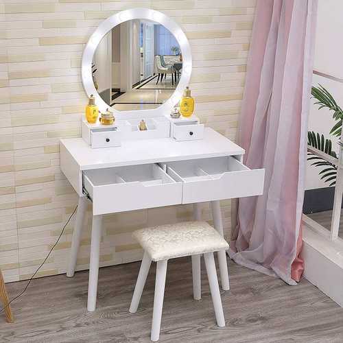 北欧实木梳妆台现代简约卧室小型带灯LED化妆台 白色化妆桌带