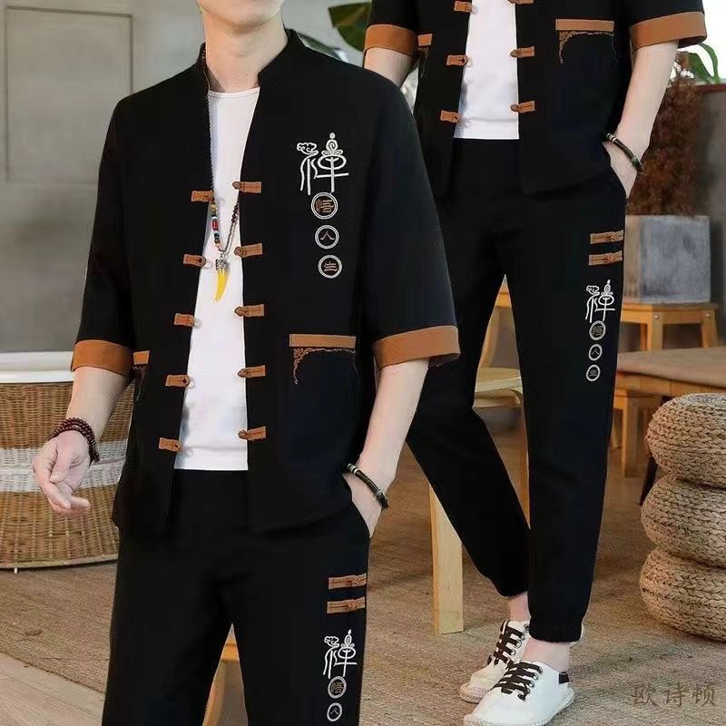 唐装套装男夏季薄款中国风棉麻短袖t恤男复古风禅修居士汉服男装v