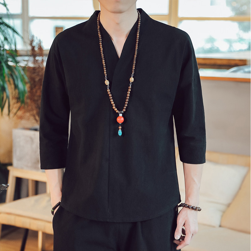 t恤短袖男夏季棉麻居士服茶服禅汉服男装中国风唐装中式纯棉上衣