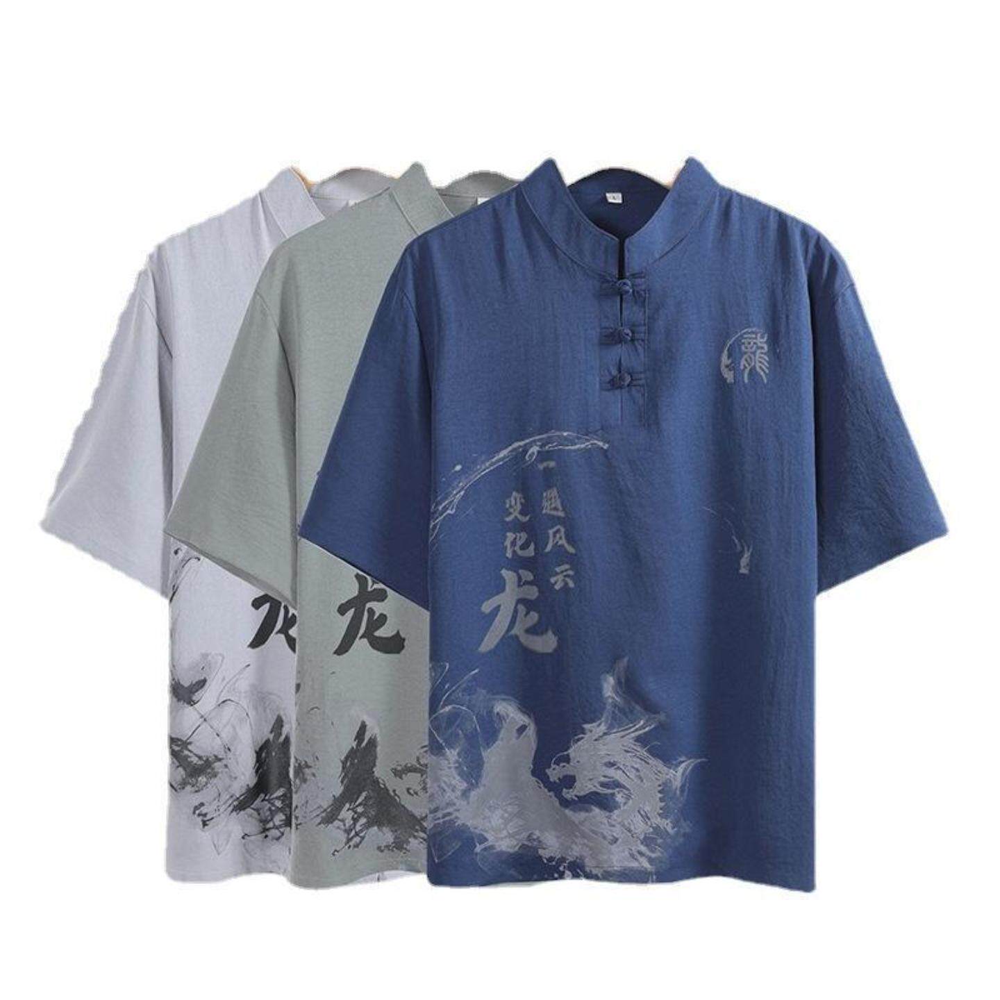 唐装男中夏季套装冰丝短袖两件套