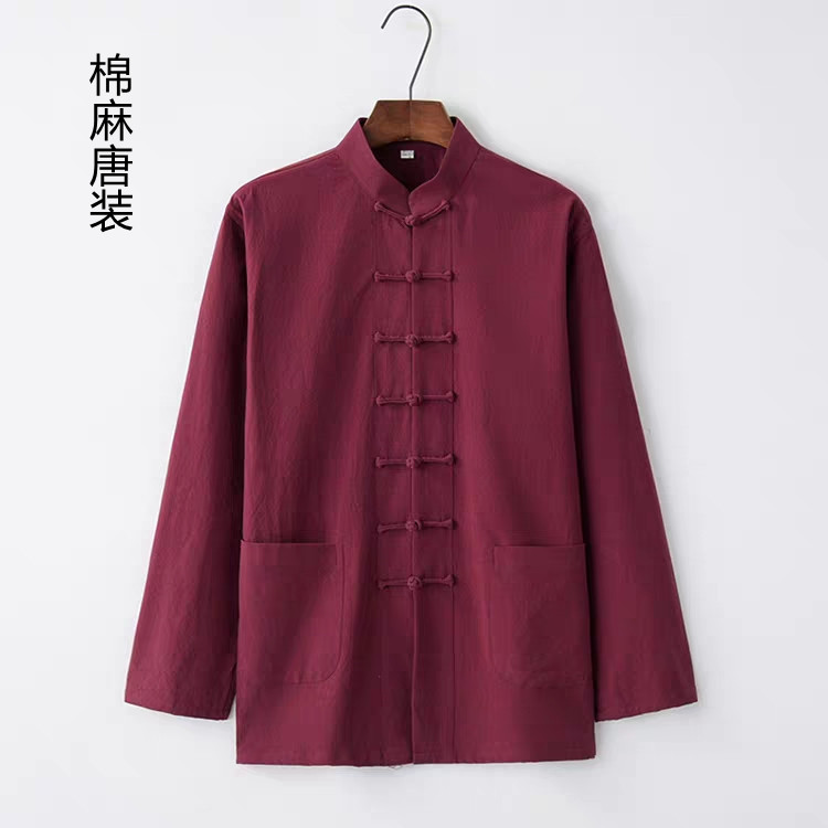 中国风春秋棉麻男装长袖外套打底衫唐装中老年汉服复古居士服爸爸