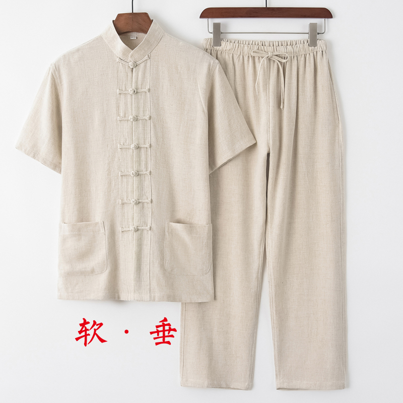 唐装男夏季薄款中老年亚麻短袖套装中式复古汉服爸爸装茶服居士服