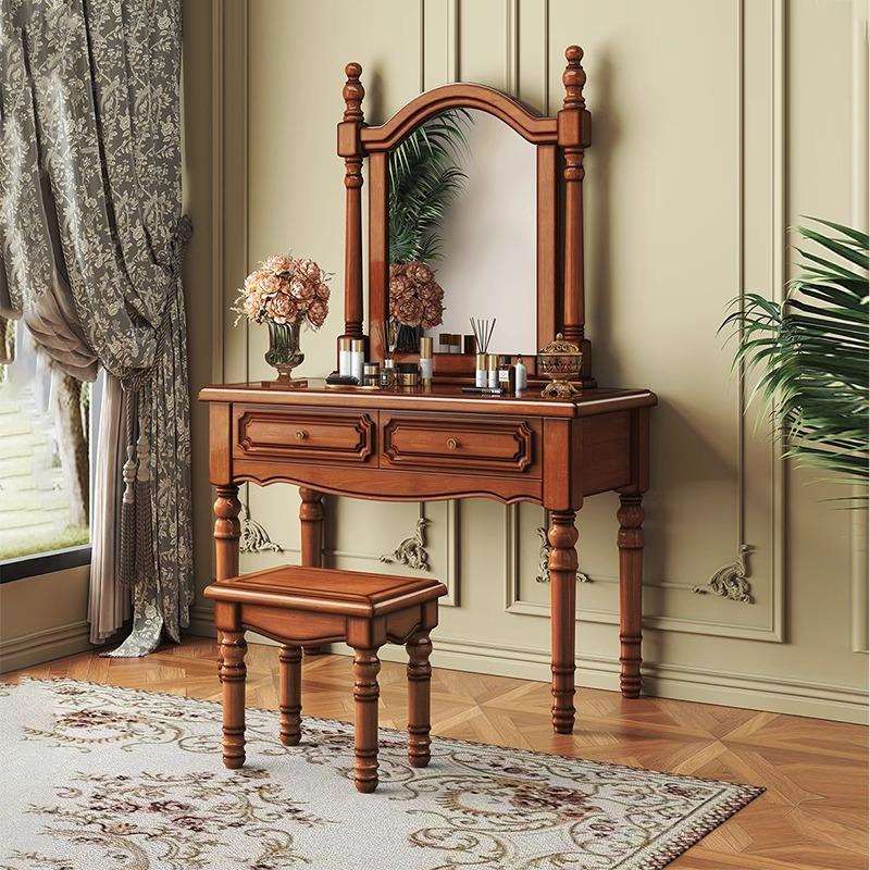美式复古实木梳妆台卧室简约现代2024新款化妆台带抽屉妆凳镜子