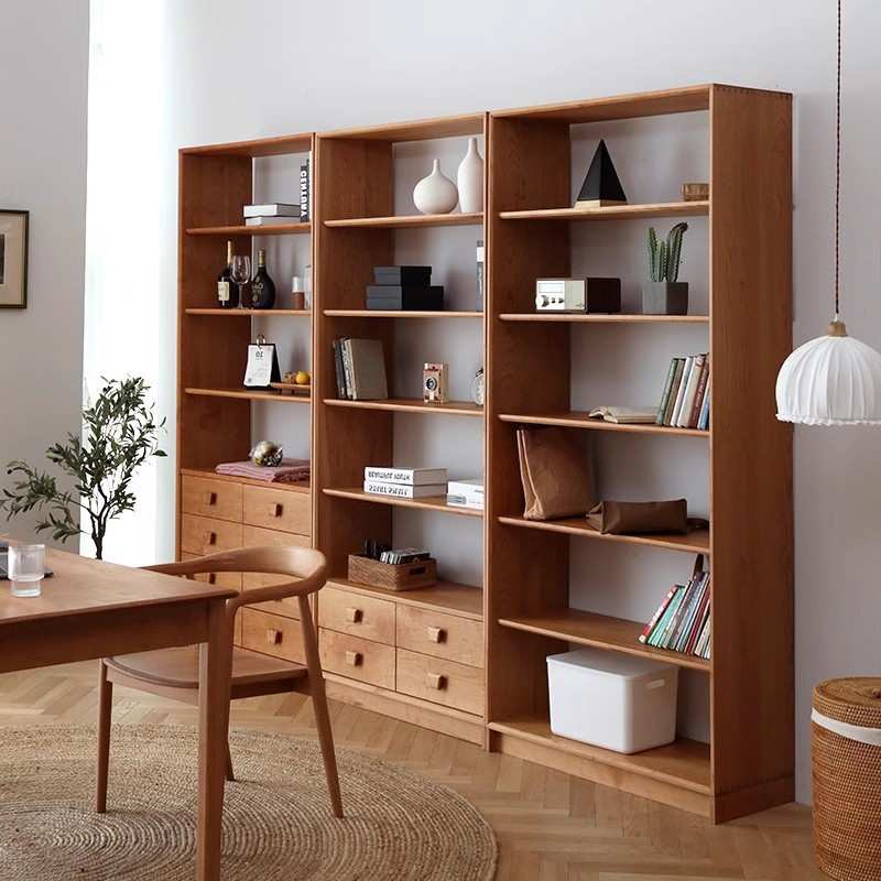 北欧简约实木樱桃木书架现代置物架书柜组合木蜡油环保书房展示柜
