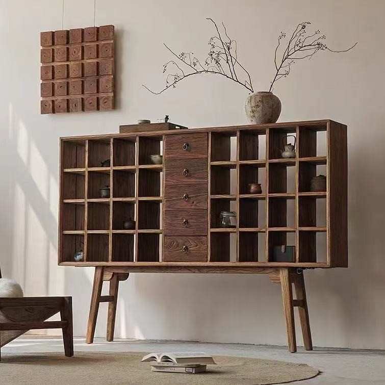 老榆木博古架客厅靠墙茶具收纳架新中式多宝阁文玩架实木置物架