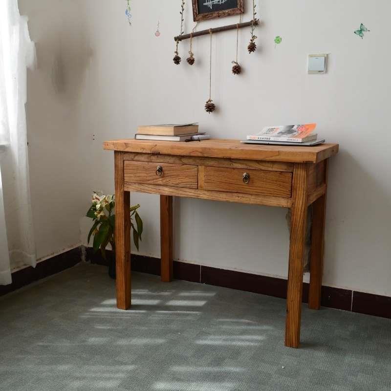 老榆木书桌家用卧室带抽屉电脑办公桌实木桌椅组合小户型桌子