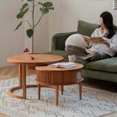 日式 樱桃木圆形实木茶几组合简约现代客厅茶桌边几北欧创意咖啡桌