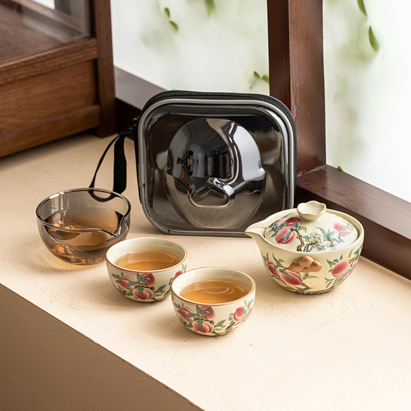 汝窑粉彩九桃旅行茶具套装户外便携式一壶三杯快客杯陶瓷茶壶茶杯