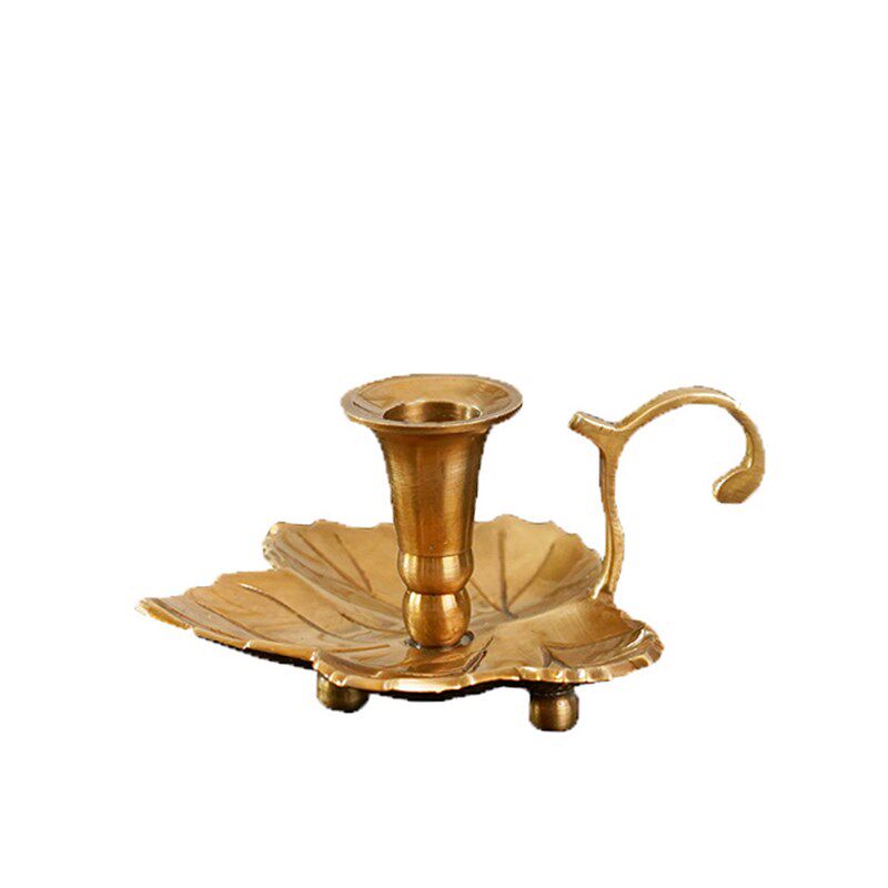 欧式美式复古印度j黄铜长蜡烛烛台 树叶形状轻奢铜制怀旧摆件装饰