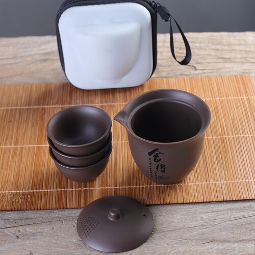 紫砂快客杯一壶三杯便携式旅行茶具E包户外喝茶家用室内功夫泡茶