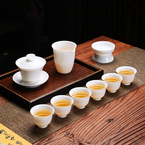 德化白瓷旅行f茶具功夫套装家用简约羊脂玉陶瓷盖碗茶杯户外便携