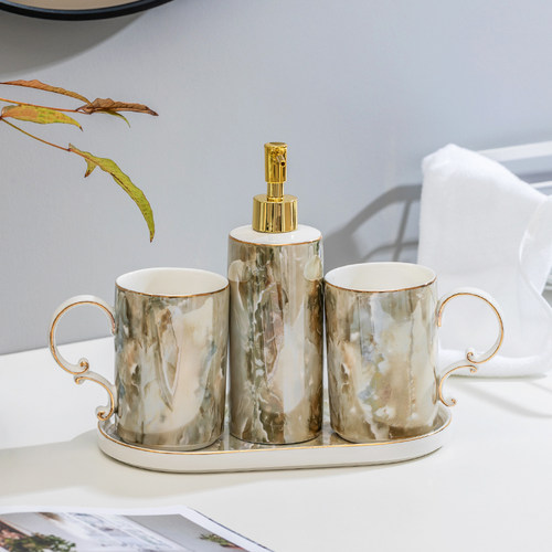 陶瓷卫浴五件套欧式洗漱套v装浴室用品卫生间漱口杯牙刷杯套件轻