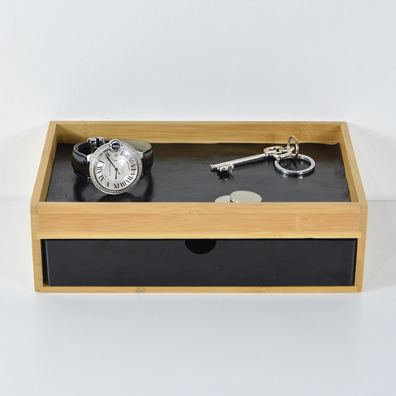 日式桌面收纳盒j楠竹带抽屉进门杂物玄关钥匙盒置物架办公室储物