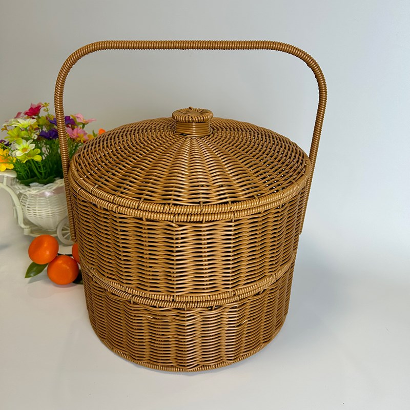 圆形双层c礼篮隔层收纳筐送饭送菜喜事拜神用祭祖野餐送礼手提篮