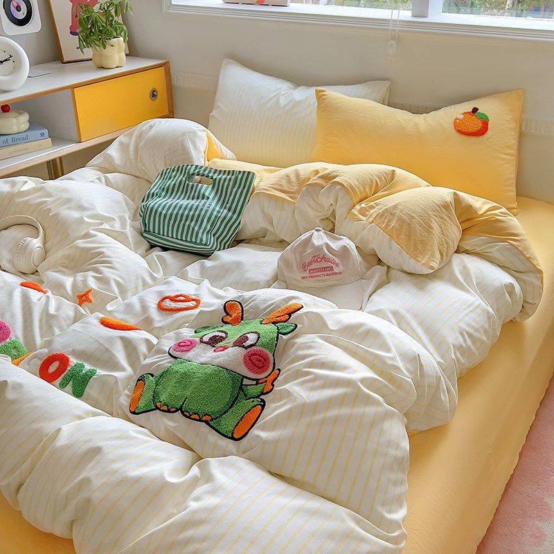 公主风黑白条纹全棉四件套卡通少女E心纯棉刺绣龙年被套床单床笠