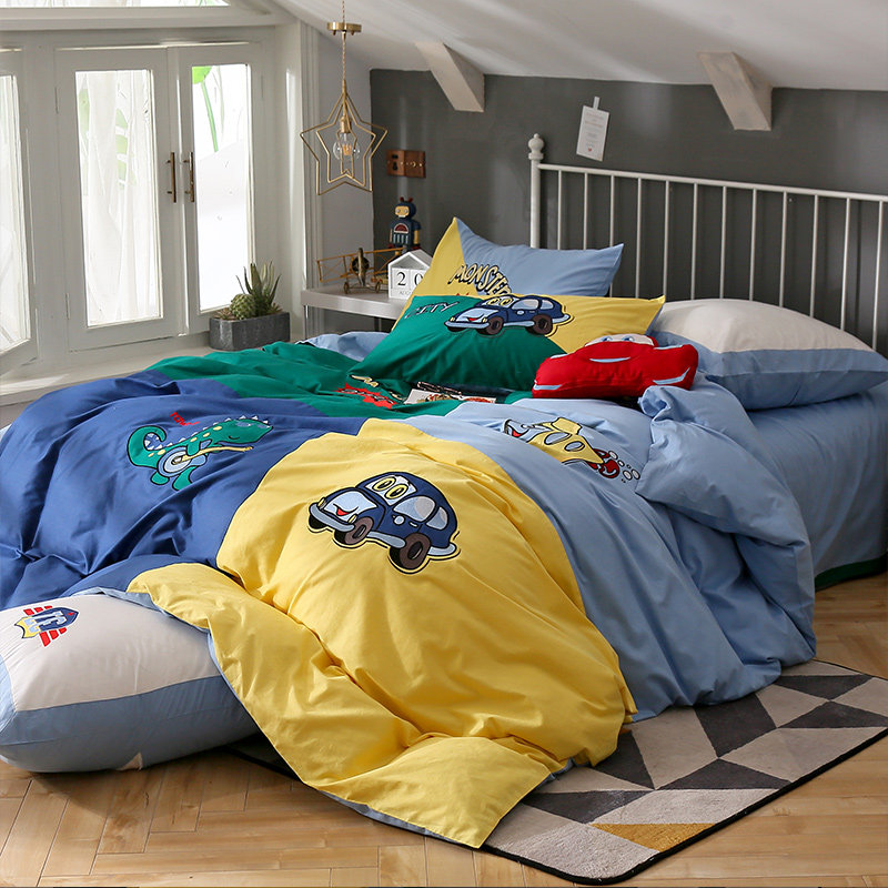 贡缎刺绣卡通恐龙三件套儿童四件套纯棉D男孩1.35米1.2m床品欧美