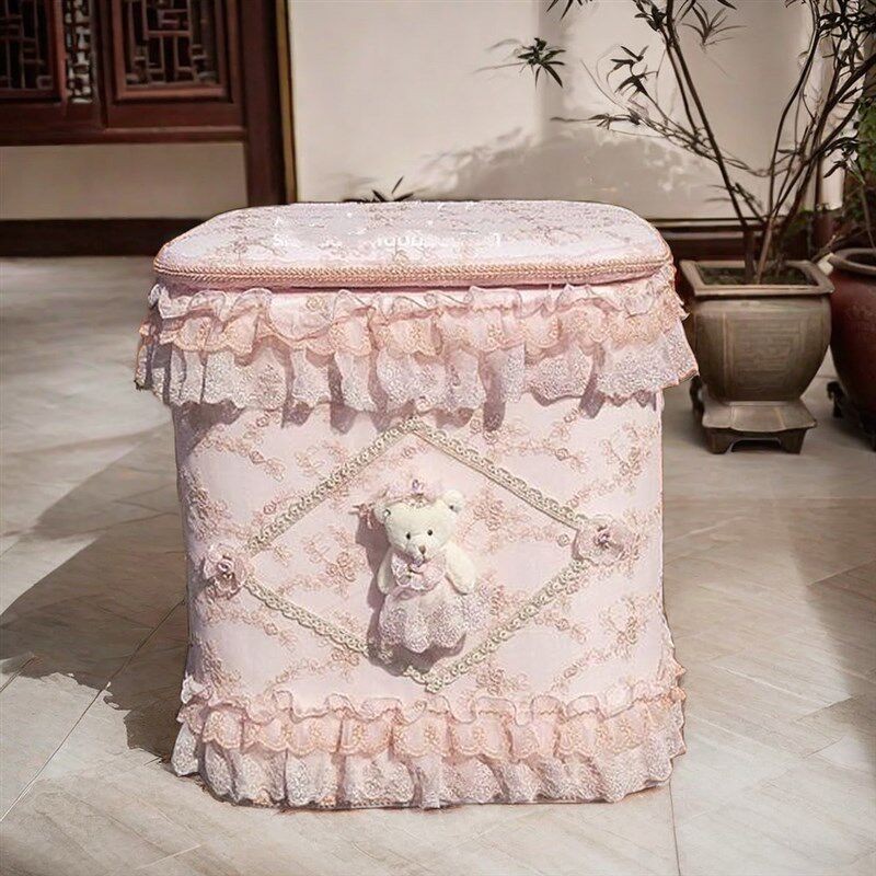 粉色布艺蕾丝木质座箱凳子衣物收D纳箱换鞋凳储物箱大容量收纳凳
