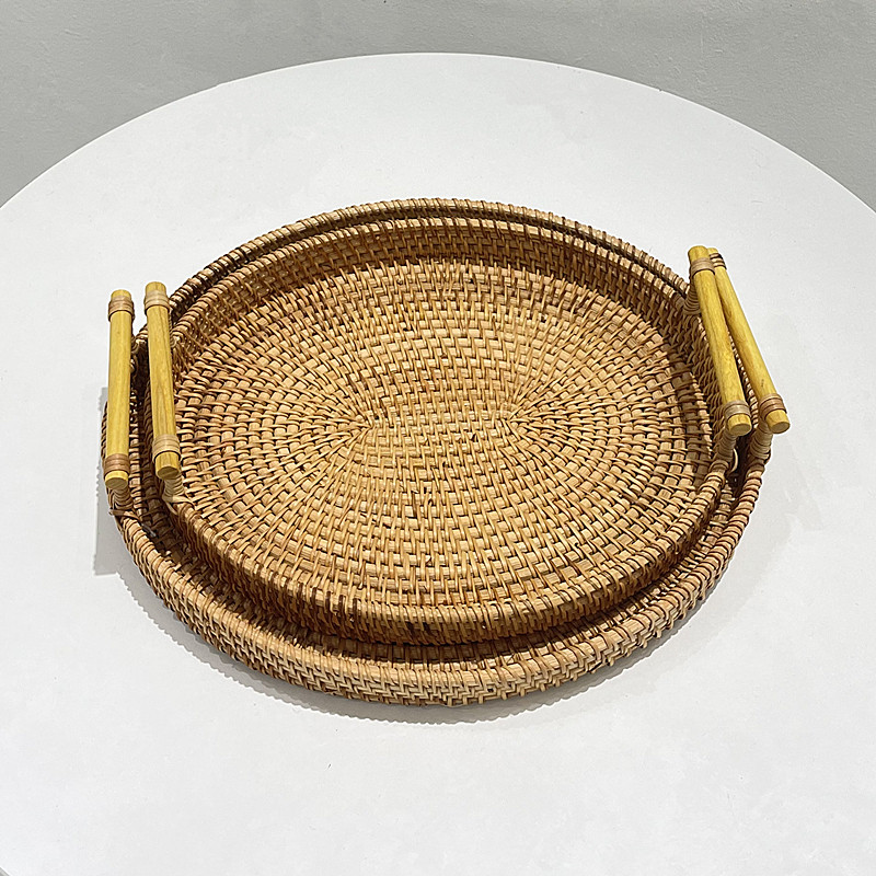 ins藤编双耳水果盘椭圆t形户外野餐手工编织篮点心面包筐糕点托盘