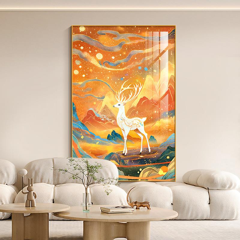国潮敦煌色彩色鹿客厅装饰画福鹿寓意好入户玄关挂画高级感摆画图片