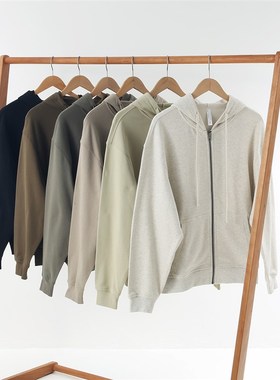 23年秋季新款灰白色灰色系纯棉毛圈连帽拉炼卫衣男女bf宽松落肩潮