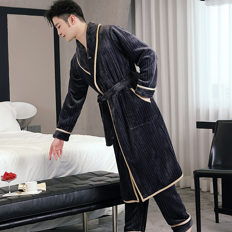 睡衣男秋冬季法兰绒两件套睡袍珊瑚绒加厚男士长款晨袍带睡裤浴袍
