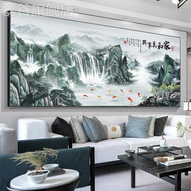网红新中式客事厅装饰画沙发和背景墙画家万兴挂画横幅中国风山水