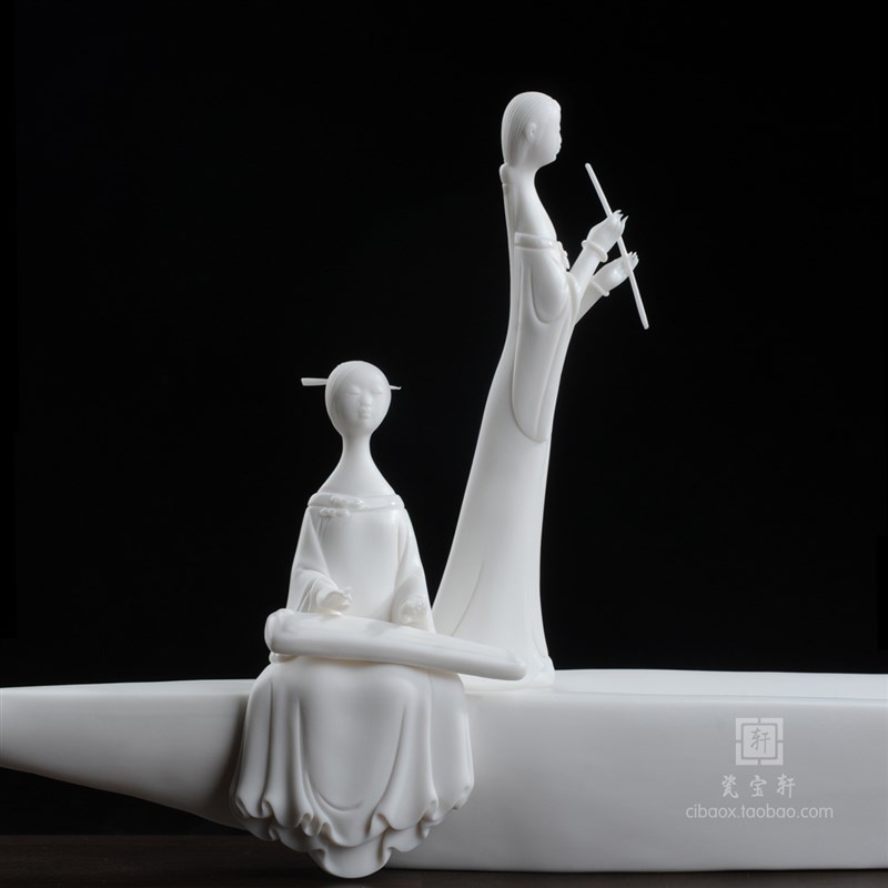 德化白瓷古典仕女船人物雕塑 春江花月夜 家居办公工艺品摆件礼品