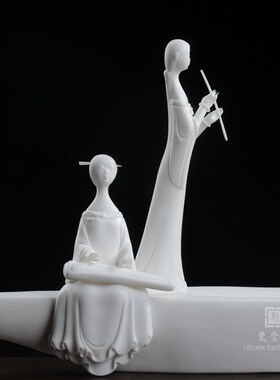 德化白瓷古典仕女船人物雕塑 春江花月夜 家居办公工艺品摆件礼品