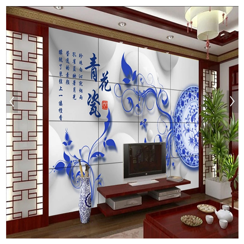 青花瓷图案壁纸贴纸防水墙面装饰中式贴画超大自粘中国风墙壁墙贴图片