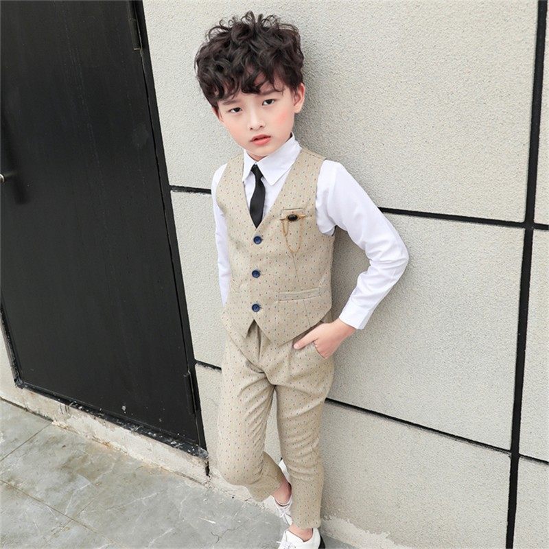 男童西装套装春秋马甲两件套男孩秋季英伦提花儿童礼服花童演出服