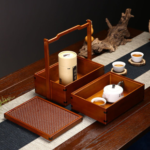 复古竹茶盒竹提篮 竹编茶箱双层茶具收纳提箱旅行竹制食盒日式