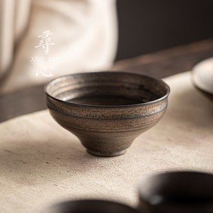 复古粗陶手工品茗杯个人杯家用陶瓷茶杯主人杯功夫茶具斗笠杯茶盏
