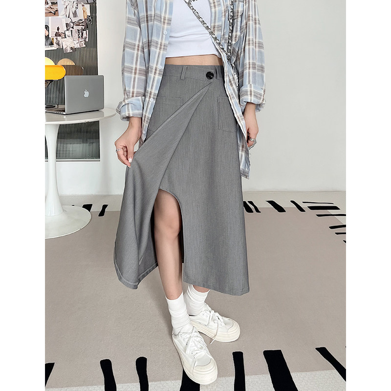 灰色西装半身裙女2023新款夏天穿搭高腰a字高级感气质中长款长裙