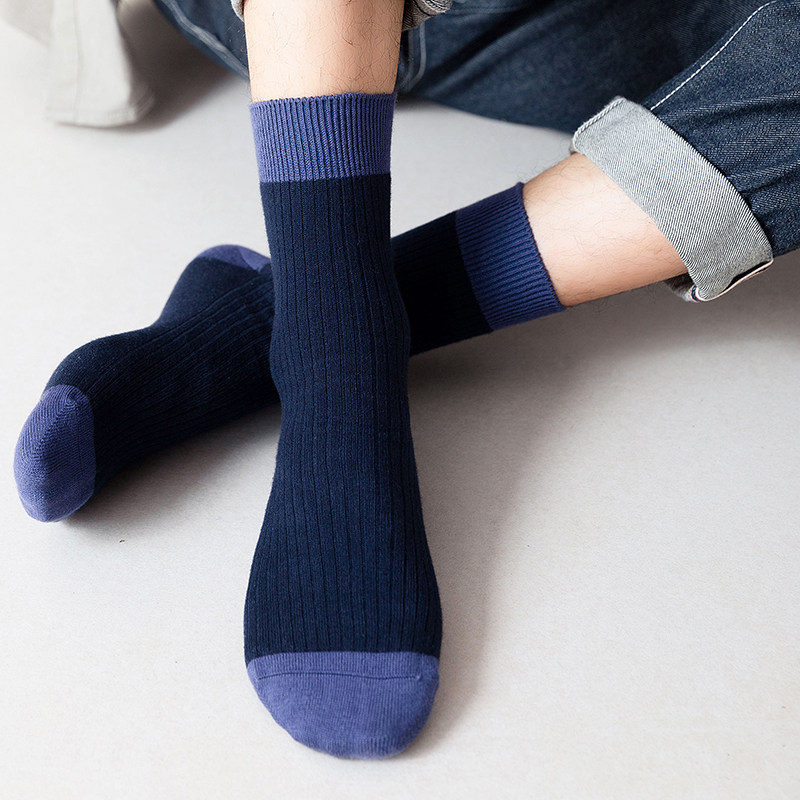 骨缝头男袜子中筒纯棉拼接双针秋冬季吸汗透气全棉男士高筒长筒袜