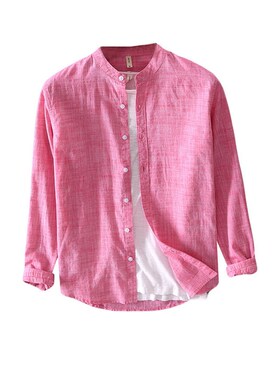 高性价比男士纯棉白色长袖立领薄款休闲复古衬衫春秋青年粉色衬衫