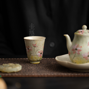 圭隐堂手绘格桑花陶瓷茶杯粉引家用主人杯个人单杯品茗杯闻香杯子