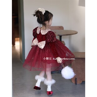 女童红色娃娃领加绒公主裙2025冬闪闪亮片网纱生日礼服新年连衣裙